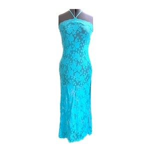 Y2K Victoria’s Secret Blue Sheer Lace Midi Halter Dress, size small
